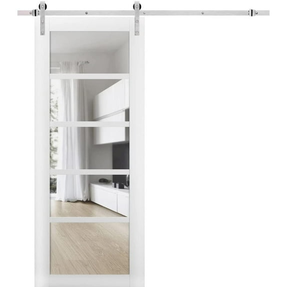 Sturdy Barn Door | Quadro 4522 White Silk with Clear Glass | 6.6FT Rail Hangers Heavy Hardware Set | Solid Panel Interior Doors-24" x 84"-Clear Glass-Silver Rail