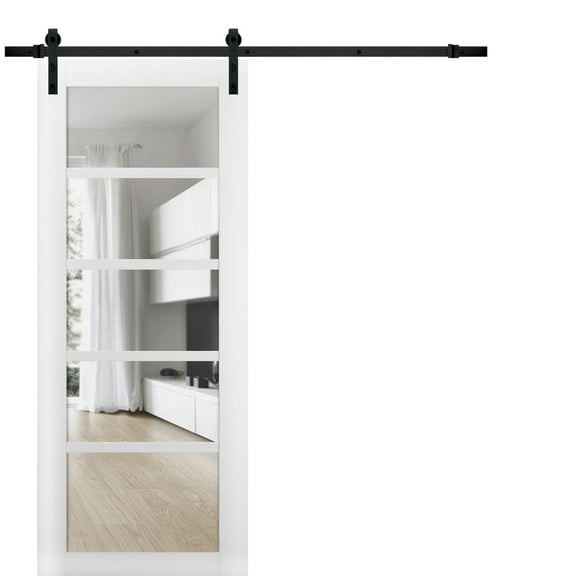 Sturdy Barn Door | Quadro 4522 White Silk with Clear Glass | 6.6FT Rail Hangers Heavy Hardware Set | Solid Panel Interior Doors-36" x 96"-Clear Glass-Black Rail