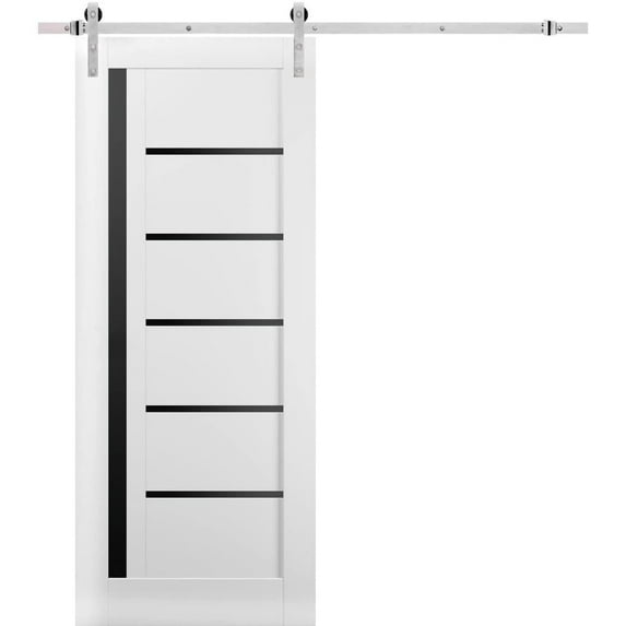 Sturdy Barn Door | Quadro 4588 White Silk with Black Glass | 6.6FT Rail Hangers Heavy Hardware Set | Solid Panel Interior Doors-24" x 84"-Black Glass-Silver Rail