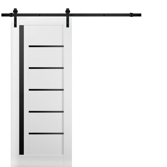 Sturdy Barn Door | Quadro 4588 White Silk with Black Glass | 6.6FT Rail Hangers Heavy Hardware Set | Solid Panel Interior Doors-28" x 84"-Black Glass-Black Rail