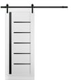 thumbnail image 1 of Sturdy Barn Door | Quadro 4588 White Silk with Black Glass | 6.6FT Rail Hangers Heavy Hardware Set | Solid Panel Interior Doors-32" x 84"-Black Glass-Black Rail, 1 of 6