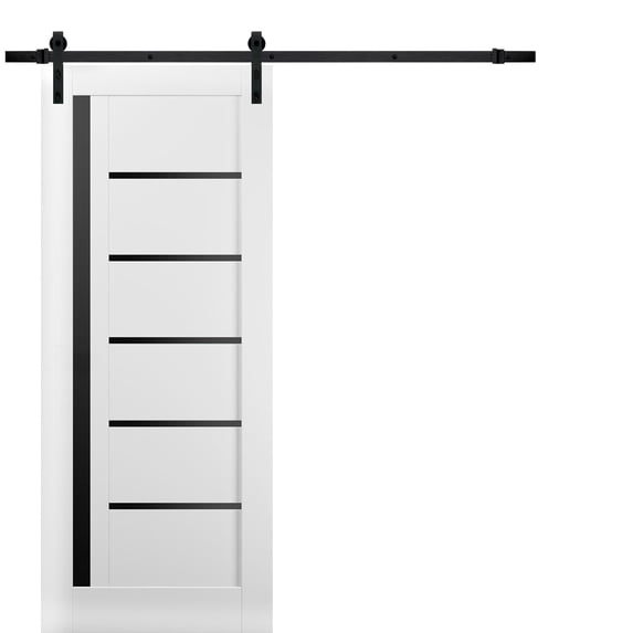 Sturdy Barn Door | Quadro 4588 White Silk with Black Glass | 6.6FT Rail Hangers Heavy Hardware Set | Solid Panel Interior Doors-36" x 84"-Black Glass-Black Rail