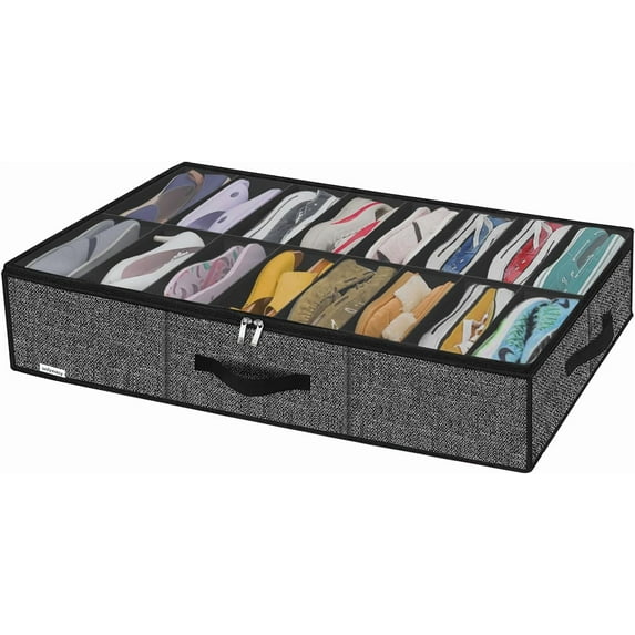 Sturdy Under Bed Shoe Storage Organizer, Set of 2, Fit 12 to 24 Pairs, Underbed Shoes Closet Storage Solution with Clear Window, Breathable, L29.3"x W23.6"x H5.9", Linen-like Black, MXAUBSB2P