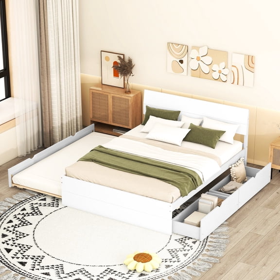 Sturdy Bed Structure - Modern Bed Frame with Trundle and Drawers for Long-lasting Use