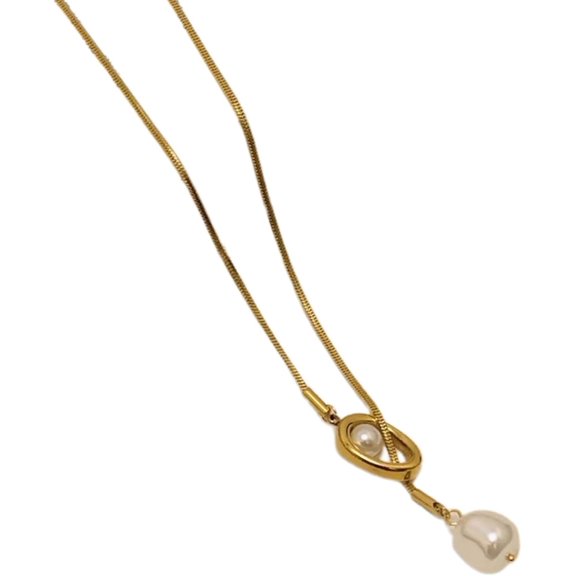 Sturdy Brass Premium Resizable Chain Baroques Pearls Pendant Long Necklace for Women's Fashion Sweater Chain Jewelry[q878]