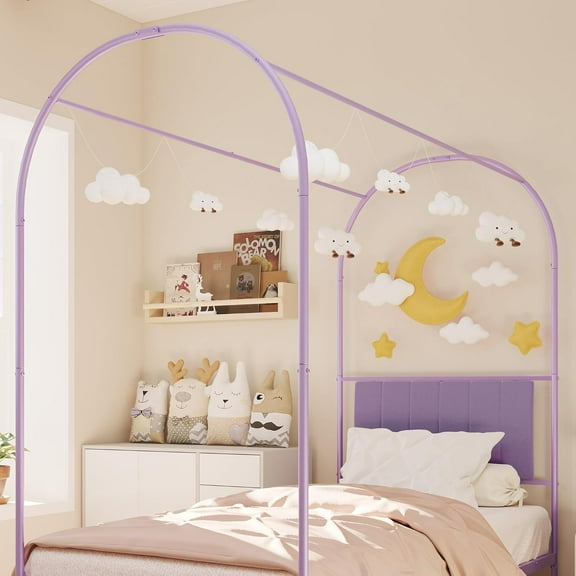 Sturdy Canopy Bed Frame with Headboard & Footboard, Upholstered Twin Bed Frames with Arched Mosquito Net Poles, Sturdy Metal Slats, No Box Spring Needed, Easy Assembly