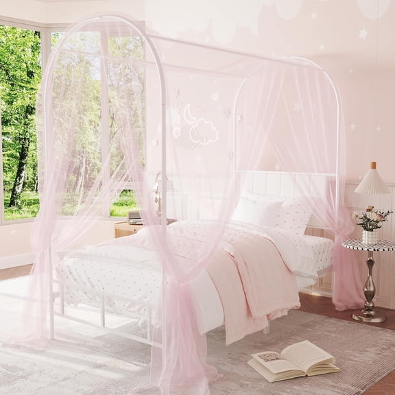 Sturdy Canopy Bed Frame with Headboard & Footboard, Upholstered Twin Bed Frames with Arched Mosquito Net Poles, Sturdy Metal Slats, No Box Spring Needed, Easy Assembly
