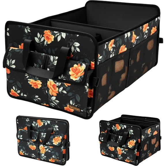 Sturdy Car Trunk Organizer – Large Capacity Trunk Organizer for SUVs & Sedans, Hard-Shell One-Piece Design with Cute Print, Collapsible and Durable Car Organizers (Flower 70L)