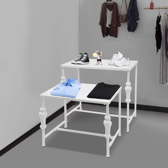 Sturdy Carbon Steel Display Rack, 50lb Load Capacity Dual-Height Design, Industrial Retail Display Tables for Clothing Stores & Home Entryways