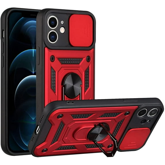 Sturdy Case for Apple iPhone 12 Mini (Not 12) with Slide Camera Window, Heavy Duty Military Grade Protection Phone Cover Built-in 360°Rotate Ring Stand for Apple iPhone 12 Mini SJ Red