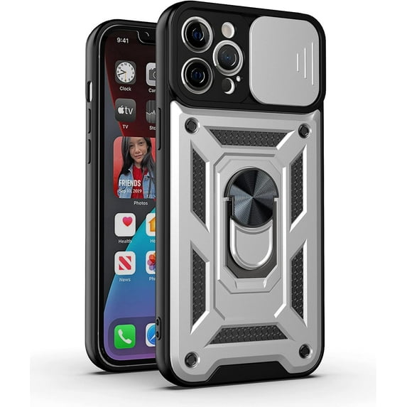 Sturdy Case for Apple iPhone 12 Pro (Not 12) with Slide Camera Window, Heavy Duty Military Grade Protection Phone Cover Built-in 360°Rotate Ring Stand for Apple iPhone 12 Pro Silver