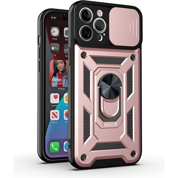 Sturdy Case for Apple iPhone 12 Pro (Not 12) with Slide Camera Window, Heavy Duty Military Grade Protection Phone Cover Built-in 360°Rotate Ring Stand for Apple iPhone 12 Pro Rose Gold