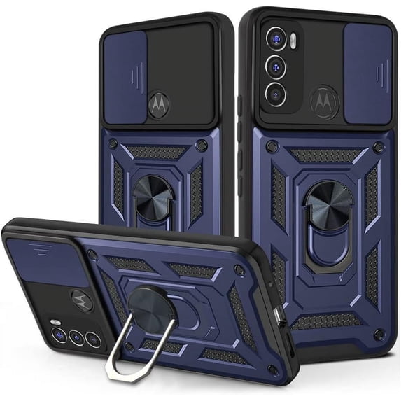 Sturdy Case for Motorola Edge 30 Pro (Not 30) with Slide Camera Window, Heavy Duty Military Grade Protection Phone Cover Built-in 360°Rotate Ring Stand for Motorola Edge 30 Pro SJ Blue