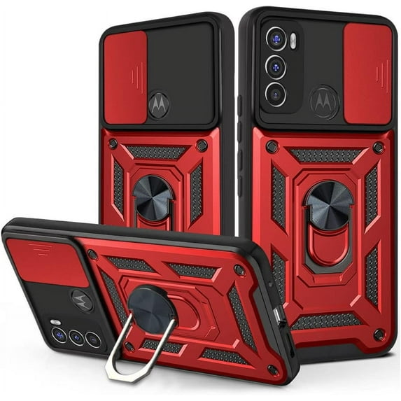 Sturdy Case for Motorola Edge 30 Pro (Not 30) with Slide Camera Window, Heavy Duty Military Grade Protection Phone Cover Built-in 360°Rotate Ring Stand for Motorola Edge 30 Pro SJ Red