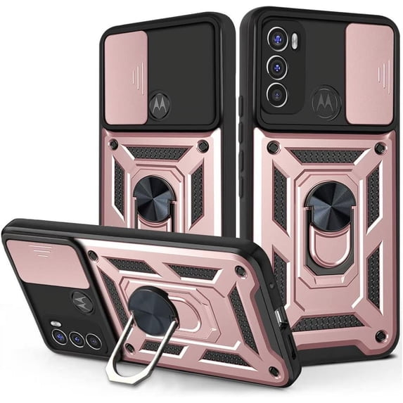 Sturdy Case for Motorola Edge X30/Edge+ 2022 with Slide Camera Window, Heavy Duty Military Grade Protection Phone Cover Built-in Rotate Ring Stand for Motorola Edge+ 2022/Edge X30 Rose Gold