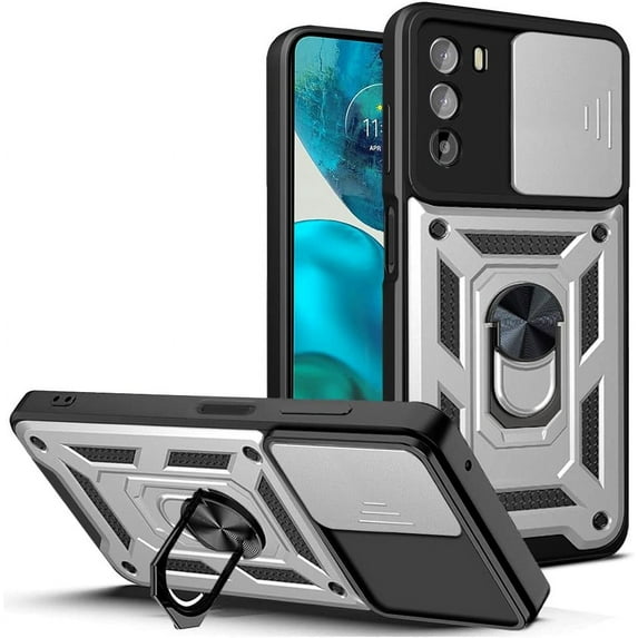Sturdy Case for Motorola Moto G52 with Slide Camera Window, Heavy Duty Military Grade Protection Phone Cover Built-in 360°Rotate Ring Stand for Motorola Moto G52 SJ Silver