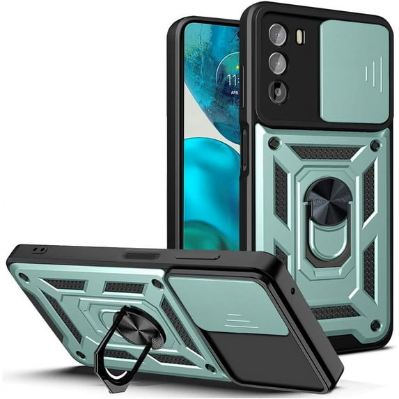 Sturdy Case for Motorola Moto G52 with Slide Camera Window, Heavy Duty Military Grade Protection Phone Cover Built-in 360°Rotate Ring Stand for Motorola Moto G52 SJ Green