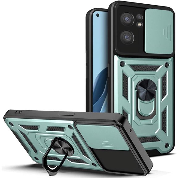Sturdy Case for Oppo Reno7 5G with Slide Camera Window, Heavy Duty Military Grade Protection Phone Cover Built-in 360°Rotate Ring Stand for Oppo Reno7 5G SJ Green