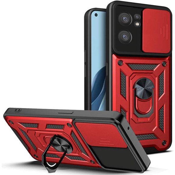 Sturdy Case for Oppo Reno7 5G with Slide Camera Window, Heavy Duty Military Grade Protection Phone Cover Built-in 360°Rotate Ring Stand for Oppo Reno7 5G SJ Red