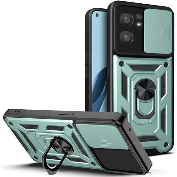 Sturdy Case for Oppo Reno7 Pro 5G with Slide Camera Window, Heavy Duty Military Grade Protection Phone Cover Built-in 360°Rotate Ring Stand for Oppo Reno7 Pro 5G SJ Green