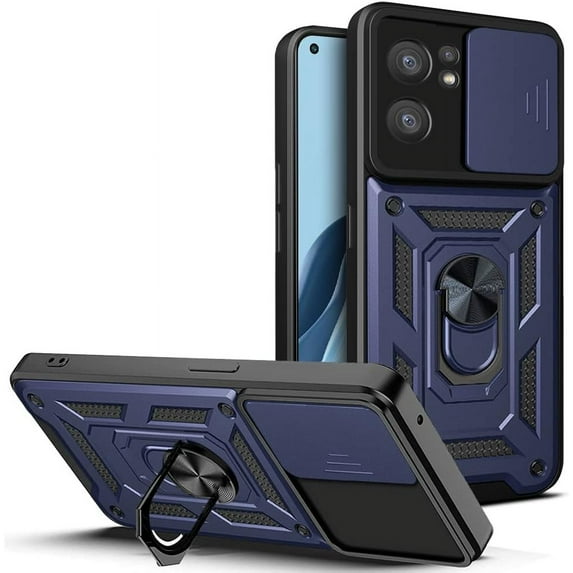 Sturdy Case for Oppo Reno7 Pro 5G with Slide Camera Window, Heavy Duty Military Grade Protection Phone Cover Built-in 360°Rotate Ring Stand for Oppo Reno7 Pro 5G SJ Blue