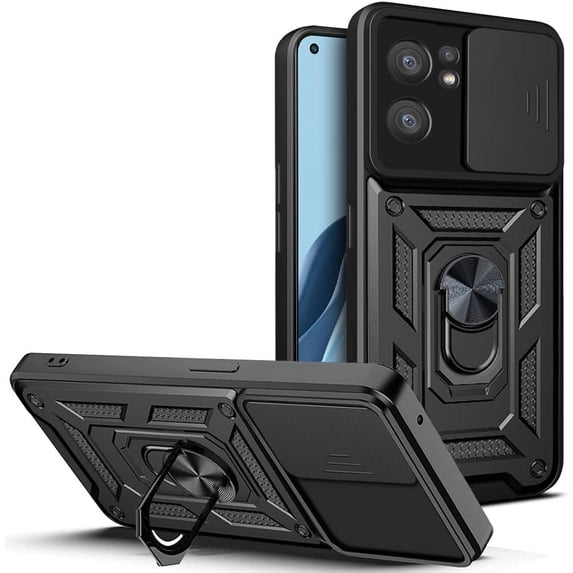 Sturdy Case for Oppo Reno7 Pro 5G with Slide Camera Window, Heavy Duty Military Grade Protection Phone Cover Built-in 360°Rotate Ring Stand for Oppo Reno7 Pro 5G SJ Black