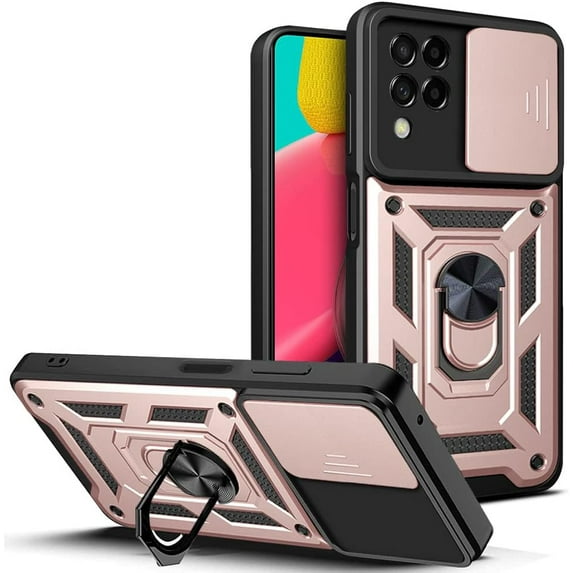 Sturdy Case for Samsung Galaxy M33 with Slide Camera Window, Heavy Duty Military Grade Protection Phone Cover Built-in 360°Rotate Ring Stand for Samsung Galaxy M33 SJ Rose Gold