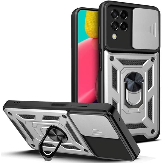 Sturdy Case for Samsung Galaxy M33 with Slide Camera Window, Heavy Duty Military Grade Protection Phone Cover Built-in 360°Rotate Ring Stand for Samsung Galaxy M33 SJ Silver