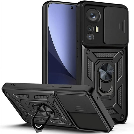 Sturdy Case for Xiaomi Mi 12 Lite (Not 12) with Slide Camera Window, Heavy Duty Military Grade Protection Phone Cover Built-in 360°Rotate Ring Stand for Xiaomi 12 Lite SJ Black