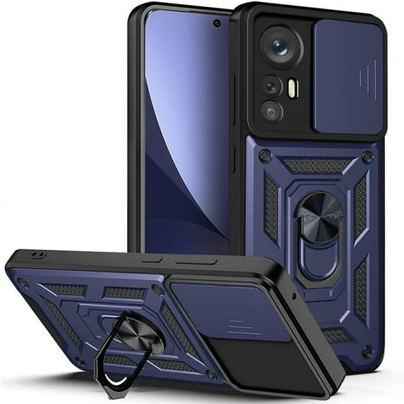 Sturdy Case for Xiaomi Mi 12 Lite (Not 12) with Slide Camera Window, Heavy Duty Military Grade Protection Phone Cover Built-in 360°Rotate Ring Stand for Xiaomi 12 Lite SJ Blue