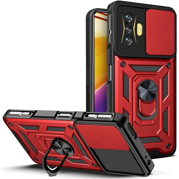 Sturdy Case for Xiaomi Poco F4 GT/Redmi K50 Gaming with Slide Camera Window, Heavy Duty Military Grade Protection Phone Cover 360°Rotate Ring Stand for Xiaomi Poco F4 GT SJ Red