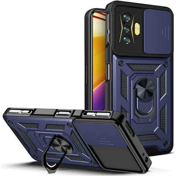Sturdy Case for Xiaomi Poco F4 GT/Redmi K50 Gaming with Slide Camera Window, Heavy Duty Military Grade Protection Phone Cover 360°Rotate Ring Stand for Xiaomi Poco F4 GT SJ Blue