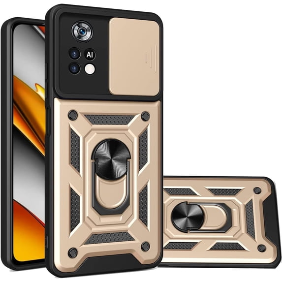Sturdy Case for Xiaomi Poco M4 Pro 4G (Not 5G) with Slide Camera Window, Heavy Duty Military Grade Protection Phone Cover Built-in 360°Rotate Ring Stand for Poco M4 Pro 4G SJ Gold