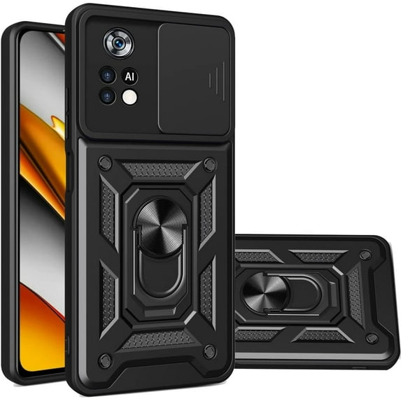 Sturdy Case for Xiaomi Poco M4 Pro 4G (Not 5G) with Slide Camera Window, Heavy Duty Military Grade Protection Phone Cover Built-in 360°Rotate Ring Stand for Poco M4 Pro 4G SJ Black