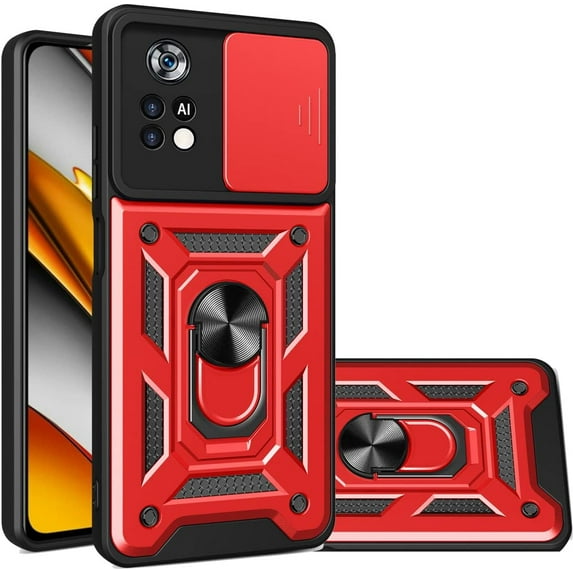 Sturdy Case for Xiaomi Poco M4 Pro 4G (Not 5G) with Slide Camera Window, Heavy Duty Military Grade Protection Phone Cover Built-in 360°Rotate Ring Stand for Poco M4 Pro 4G SJ Red