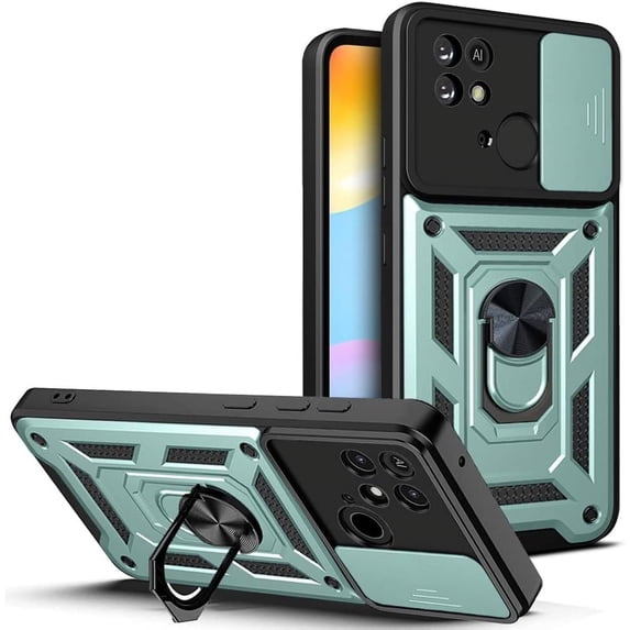Sturdy Case for Xiaomi Redmi 10C with Slide Camera Window, Heavy Duty Military Grade Protection Phone Cover Built-in 360 Rotate Ring Stand for Xiaomi Redmi 10C SJ Green