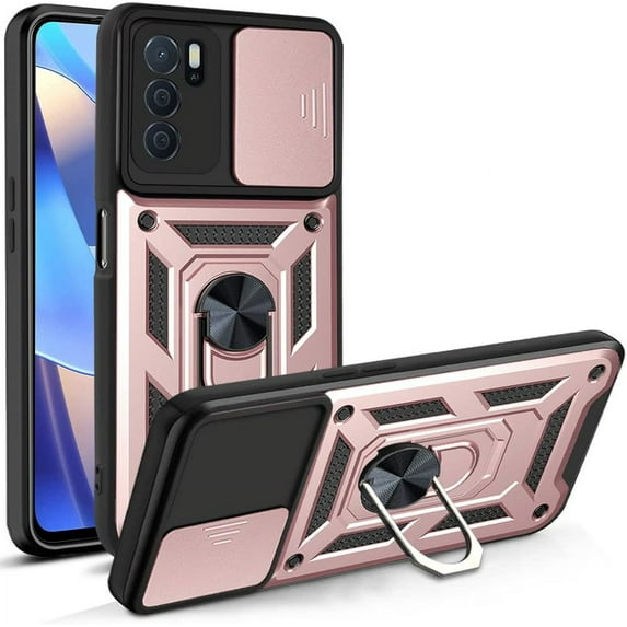 Sturdy Case for Oppo A16 with Slide Camera Window, Heavy Duty Protection Phone Cover Case with Ring Stand for Oppo A16/A16s/A54s SJ Rose Gold