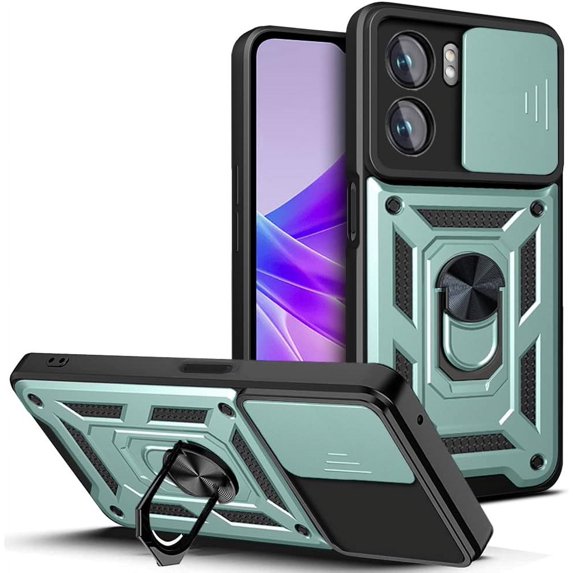 Sturdy Case for Oppo A77 5G with Slide Camera Window, Heavy Duty Protection Phone Cover Case with Ring Stand for Oppo A77 SJ Green