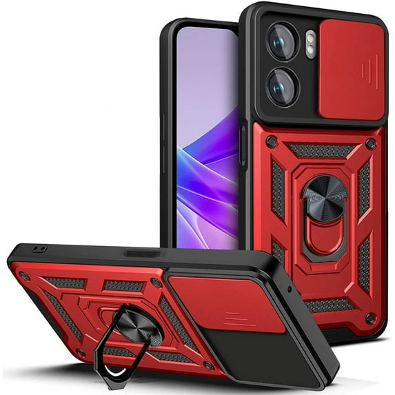 Sturdy Case for Oppo A77 5G with Slide Camera Window, Heavy Duty Protection Phone Cover Case with Ring Stand for Oppo A77 SJ Red