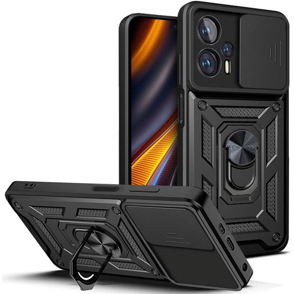 Sturdy Case for Xiaomi Poco X4 GT 5G with Slide Camera Window, Heavy Duty Protection Phone Cover Case with Ring Stand for Xiaomi Poco X4 GT SJ Black