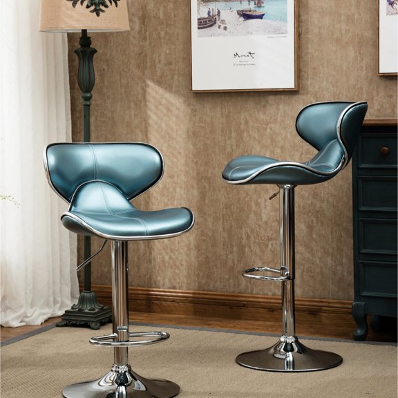 Sturdy Chrome Base with Footrest / Adjustable Bar Stools in Blue, Set of 2