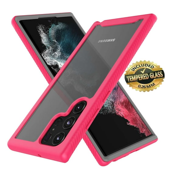 Sturdy Clear Case for Galaxy S22 S22 Pro S22+ S22 Ultra 5G 2022, Tekcoo Full Body Heavy Duty Protection Tempered Glass Screen Protector Shockproof Rugged Case Cover -Rose Pink