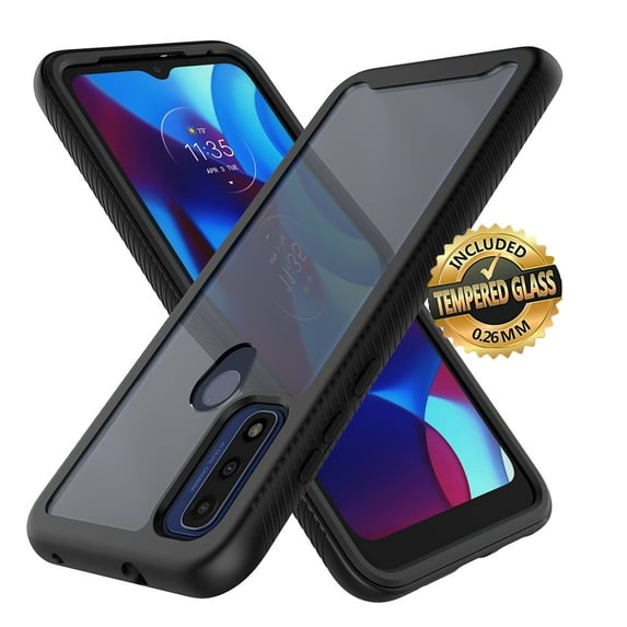 Sturdy Clear Case for Motorola Moto G Pure 2021, EBIZCITY Full Body Heavy Duty Protection Tempered Glass Screen Protector Shockproof Rugged Case Cover -Black
