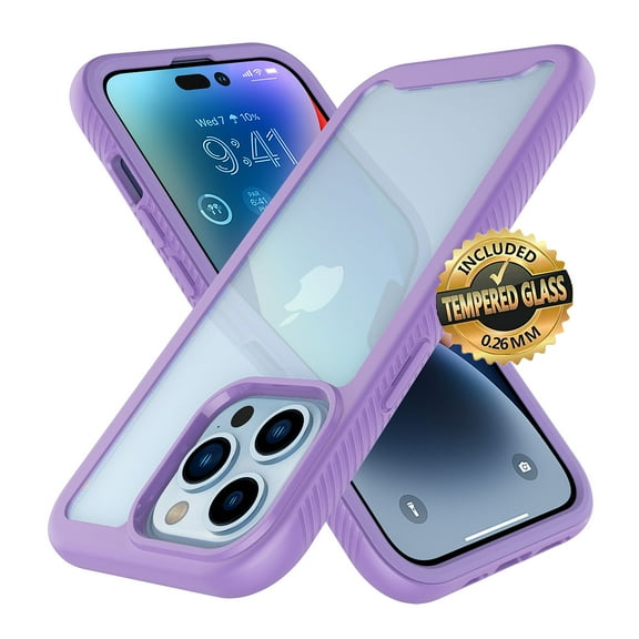 Sturdy Clear Case for iPhone 14 2022, EBIZCITY Full Body Heavy Duty Protection Tempered Glass Screen Protector Shockproof Rugged Case Cover -Purple