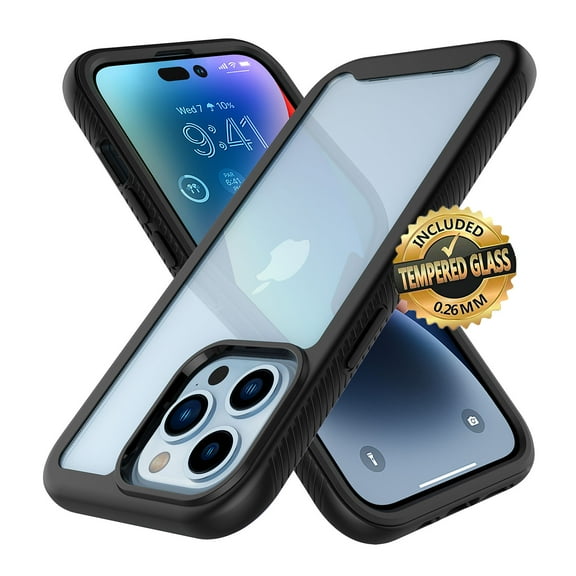 Sturdy Clear Case for iPhone 14 Pro Max 2022, EBIZCITY Full Body Heavy Duty Protection Tempered Glass Screen Protector Shockproof Rugged Case Cover -Black