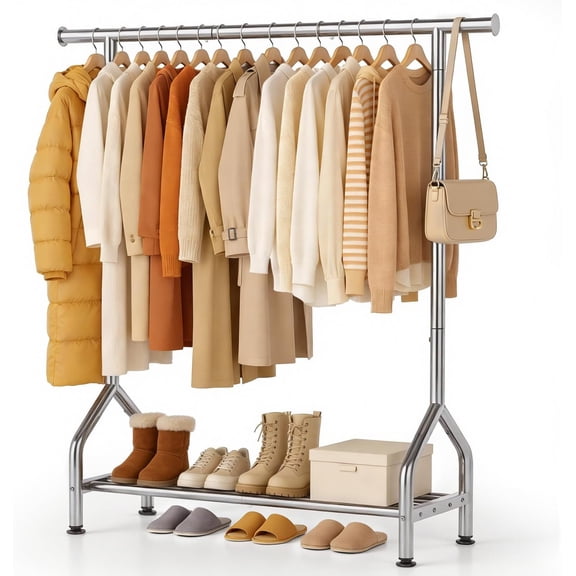 Sturdy Metal Clothing Rack with Shelf and Leveling Feet for Hanging Clothes Freestanding Garment Coat Rack Silver