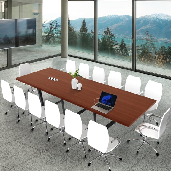 Sturdy Conference Table With Cable Management Grommets By Ahliss- Modern Rectangle Office Meeting Table With Wood Tabletop And Metal Frame & Legs- Easy Assembly Boardroom Table