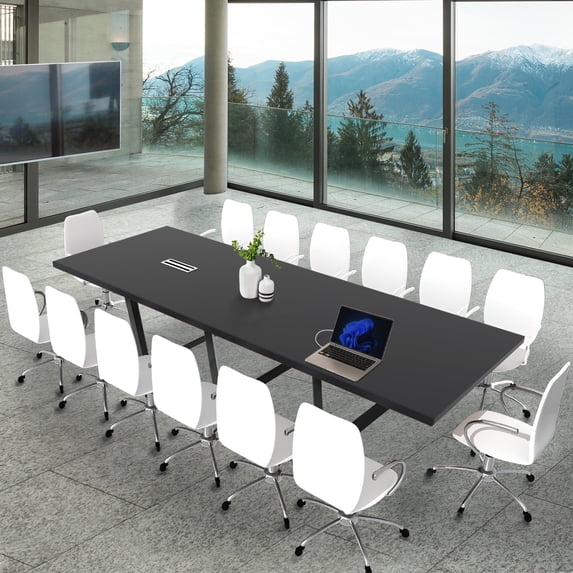 Sturdy Conference Table With Cable Management Grommets By Ahliss- Modern Rectangle Office Meeting Table With Wood Tabletop And Metal Frame & Legs- Easy Assembly Boardroom Table