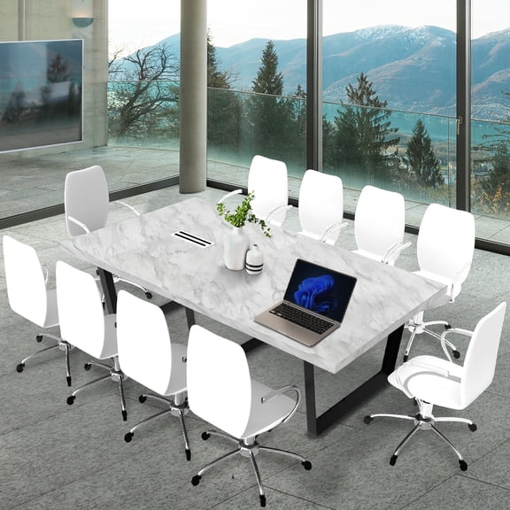 Sturdy Conference Table With Cable Management Grommets By Ahliss- Modern Rectangle Office Meeting Table With Wood Tabletop And Metal Frame & Legs- Easy Assembly Boardroom Table