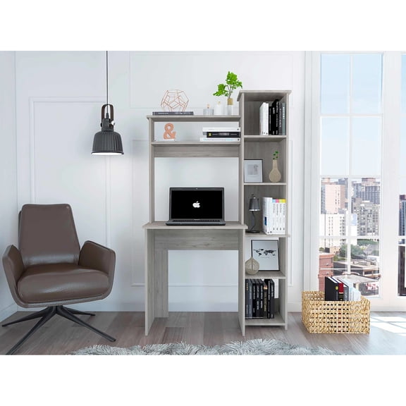 Sturdy Construction - Meets Home Work Requirements Light Grey 6-Shelf Writing Desk with Book Storage
